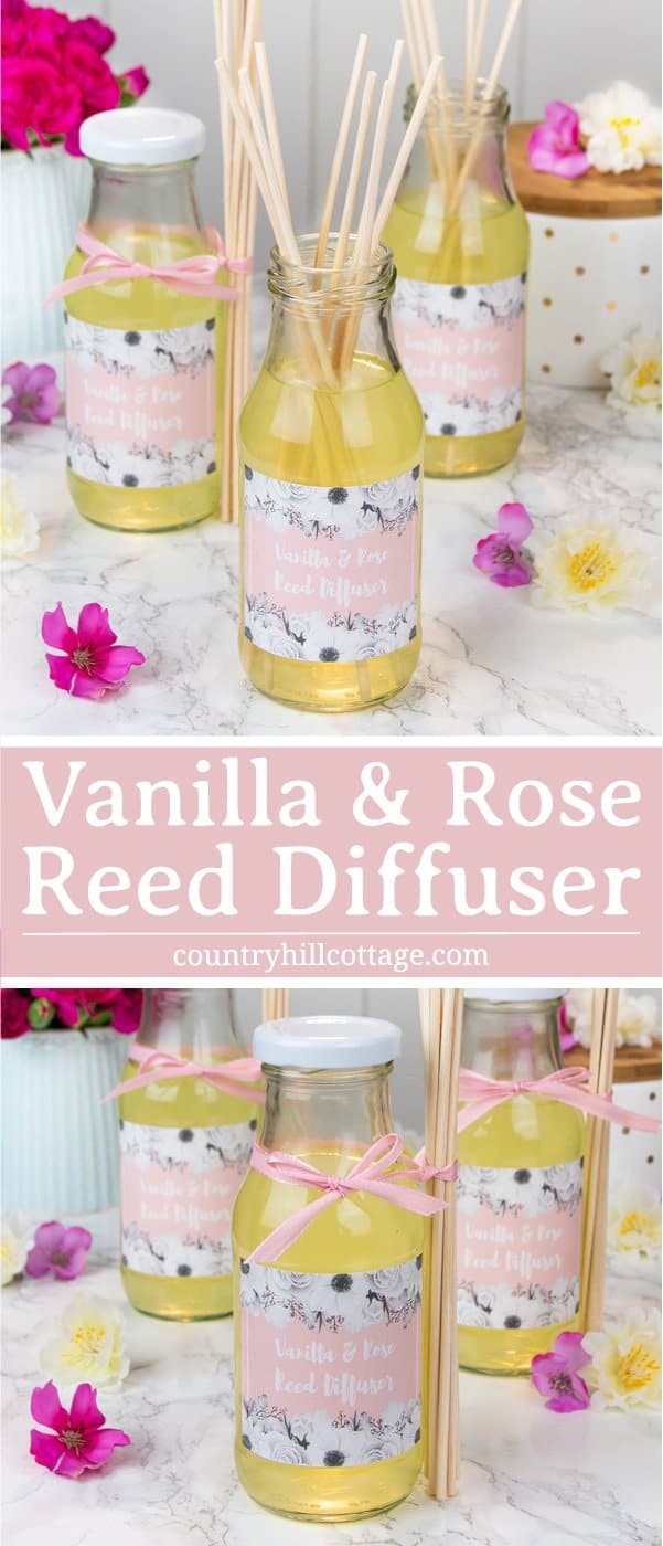 Surprise your friends this Valentine’s Day with homemade vanilla rose reed diffusers! These DIY diffusers with essential oils are the perfect way to fragrance a room and they make adorable gifts. The indulgent scents of rose and vanilla create a romantic and relaxed atmosphere and will lift your mood. These diffusers are only made with natural ingredients and the DIY includes free printable gift labels. #reeddiffuser #diffuser #essentialoils #naturalgift | countryhillcottage.com Surprise your friends this Valentine’s Day with homemade vanilla rose reed diffusers! These DIY diffusers with essential oils are the perfect way to fragrance a room and they make adorable gifts. The indulgent scents of rose and vanilla create a romantic and relaxed atmosphere and will lift your mood. These diffusers are only made with natural ingredients and the DIY includes free printable gift labels. #reeddiffuser #diffuser #essentialoils #naturalgift | countryhillcottage.com