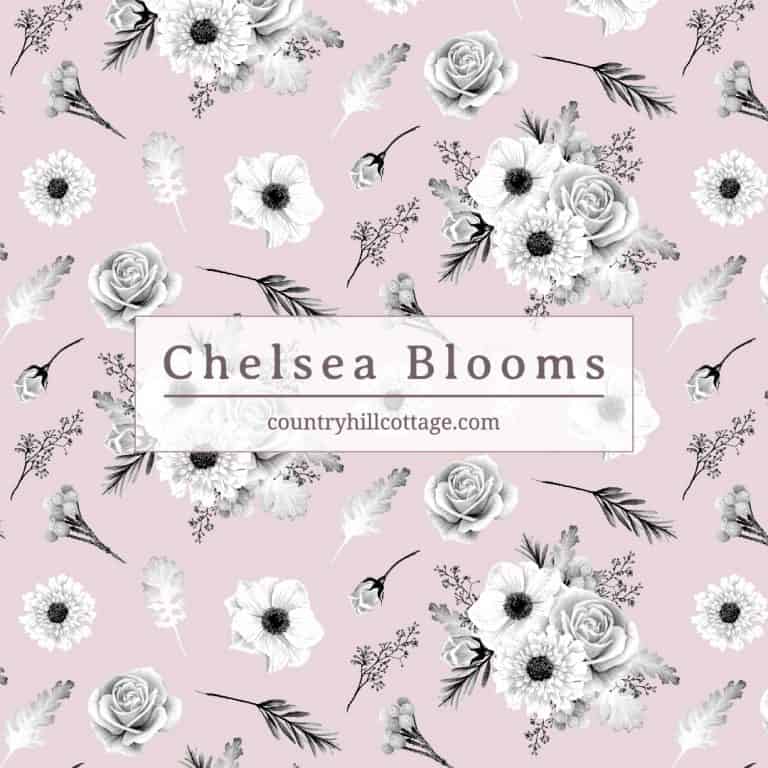 Our Chelsea Blooms print is inspired by walks through London’s Chelsea streets. The botanical design features black and white roses, anemones and scabious flowers. Eucalyptus berries, dusty miller leaves and silver brunia berries are also scattered throughout. The backdrop of the pattern is influenced by Chelsea’s rainbow terraced houses. So pretty and dreamy, don’t you think? #floralpattern #surfacepattern #printdesign #Britisdesign | countryhillcottage.com