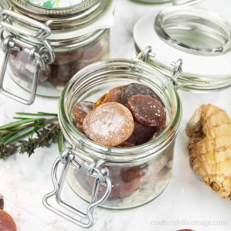 Relieve coughs and soothe a sore throat with natural homemade cough drops. These DIY cough drops with herbs are a wonderful homemade remedy to calm a cough as it may occur with a cold, minor throat irritation and scratchiness. The ingredients for these yum all-natural drops include herbs, honey, lemon juice, and spices. You can customise the recipe to your needs. Includes printable labels for storage and gifting. #coughdrops #naturalremedy #coughremedy #herbalremedy | countryhillcottage.com