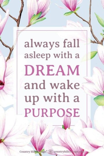 Positive Life Quote to stay motivated and keep a positive mindset: Always remember to fall asleep with a dream and wake up with a purpose. Tab the image to download the printable quote and decorate your home or office. #quote #positivity #inspiration #motivation #lifequote #dream #purpose | countryhillcottage.com