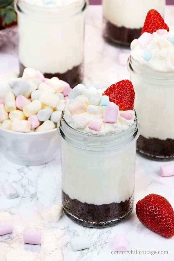 No-Bake Cheesecake Mousse Dessert Jars are made with a crunchy cookie crust, a creamy cheesecake mousse, and garnished with berries and mini marshmallows. It only takes a few minutes to prepare this cheesecake dessert and there are many ways to customise the recipe according to your taste or the season of the year. No-bake cheesecake mousse is perfect for many occasions can be served after dinner, at parties, and dessert tables. #nobake #cheesecake #mousse #dessert | countryhillcottage.com No-Bake Cheesecake Mousse Dessert Jars are made with a crunchy cookie crust, a creamy cheesecake mousse, and garnished with berries and mini marshmallows. It only takes a few minutes to prepare this cheesecake dessert and there are many ways to customise the recipe according to your taste or the season of the year. No-bake cheesecake mousse is perfect for many occasions can be served after dinner, at parties, and dessert tables. #nobake #cheesecake #mousse #dessert | countryhillcottage.com