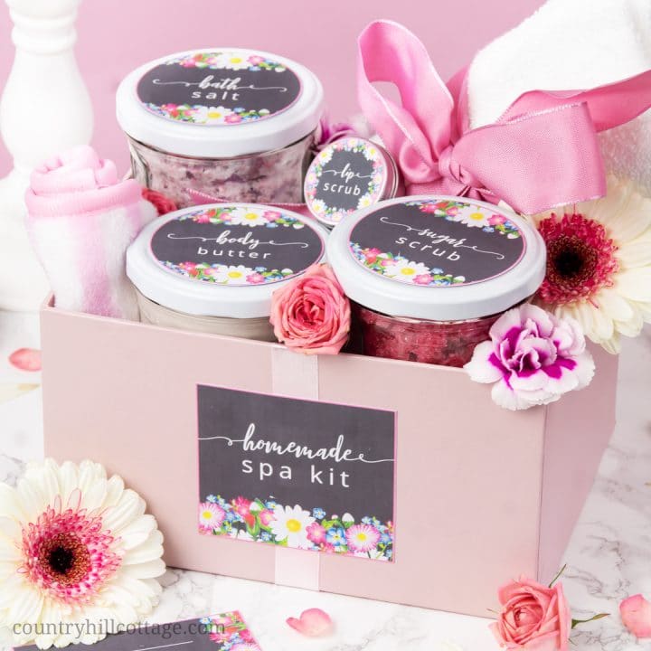 A DIY spa kit is perfect for a spa day at home and a lovely homemade gift idea for mom and friends. The quick beauty recipes are made with affordable ingredients and include: a whipped body butter with shea butter and coconut oil, a simple DIY vanilla sugar scrub recipe and an easy DIY Epsom bath salt with baking soda and essential oils. The beauty products are packaged in cute jars and come with free printable labels. #bodybutter #bathsalt #sugarscrub #essentialoils| countryhillcottage.com