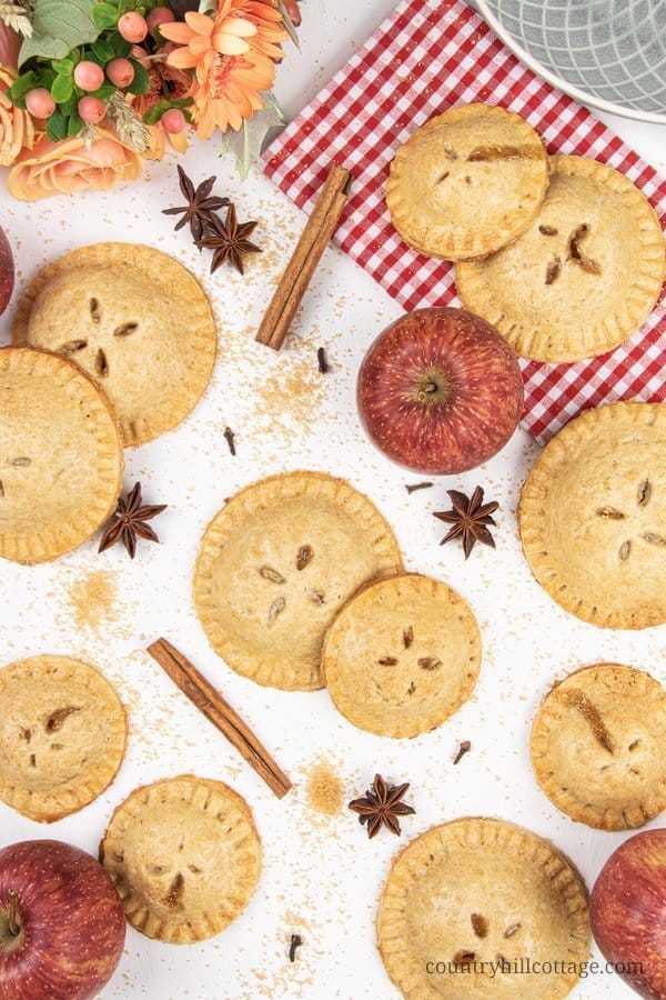 Easy apple hand pies recipe from scratch! See how to make apple hand pies with a simple vegan gluten-free cinnamon pie crust and a flavorful caramel apple filling. These simple fruit hand pies are a delicious and healthy fall baking recipe. Mini apple pies are healthy homemade food gift idea. And, this easy hand pie recipes also includes two quick shortcuts: puff pastry hand pies and apple hand pies with canned pie filling. #applehandpies #handpies #vegan #glutenfree | countryhillcottage.com