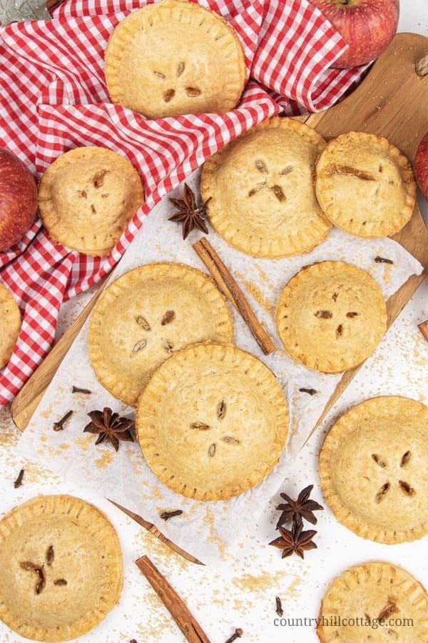 Easy apple hand pies recipe from scratch! See how to make apple hand pies with a simple vegan gluten-free cinnamon pie crust and a flavorful caramel apple filling. These simple fruit hand pies are a delicious and healthy fall baking recipe. Mini apple pies are healthy homemade food gift idea. And, this easy hand pie recipes also includes two quick shortcuts: puff pastry hand pies and apple hand pies with canned pie filling. #applehandpies #handpies #vegan #glutenfree | countryhillcottage.com