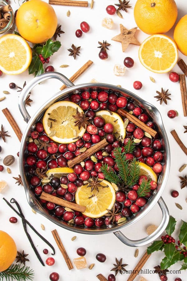 How to make an easy homemade Christmas stovetop potpourri, perfect for fall and winter. This simple DIY holiday simmering pot recipes is made with orange, cranberry pine, and spices like cinnamon, vanilla, ginger, star anise and optionally essential oils. The house smells like Christmas with this natural air freshener simmer pot. The tutorial includes printable labels and gift tags to create a gift kit. #Christmas #potpourri #airfreshener #stovetoppotpourri #simmerpot | countryhillcottage.com
