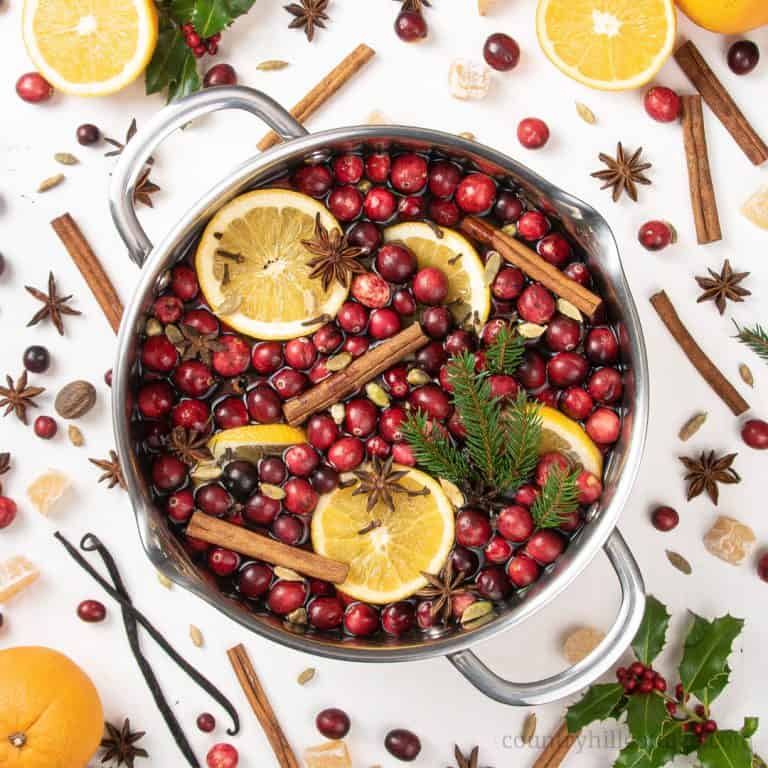 How to make an easy homemade Christmas stovetop potpourri, perfect for fall and winter. This simple DIY holiday simmering pot recipes is made with orange, cranberry pine, and spices like cinnamon, vanilla, ginger, star anise and optionally essential oils. The house smells like Christmas with this natural air freshener simmer pot. The tutorial includes printable labels and gift tags to create a gift kit. #Christmas #potpourri #airfreshener #stovetoppotpourri #simmerpot | countryhillcottage.com
