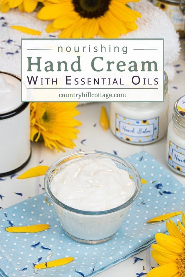 Formulated with natural ingredients and essential oils, this easy homemade hand cream moisturises and revitalizes tough, dried out hands. The non greasy DIY hand lotion absorbs quickly and locks moisture in the skin, making your hands feel silky smooth and healthy. Learn how to make this lotion recipe perfect for dry skin and anti aging. This beauty products also make a cute gift and comes with a packaging idea. #handcream #lotion #moisturizer #essentialoils #skincare | countryhillcottage.com