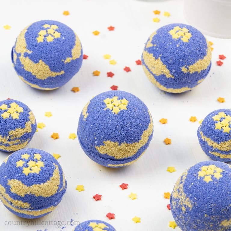 DIY foaming bath bombs with shea butter help to relax and promote a good night’s sleep. Calm your mind, relieve stress, and create a spa-worthy bath ritual to unwind. Homemade foaming bath fizzies add fizz and bubbles to the water and turn bath time into a fun excitement for kids and adults. Shea butter leaves the skin well nourished and moisturized. Essential oils immerse the senses and relaxes mind and body. #bathbombs #essentialoils #aromatherapy #sheabutter #beautydiy| countryhillcottage.com