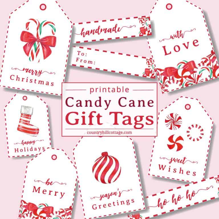 Decorate Christmas presents with free printable candy cane gift tags! These pretty DIY holiday gift tags are an easy seasonal craft project and are a wonderful way to dress up handmade holiday gifts. Tap the image to download this set of 9 Christmas gift tag printables and gift wrap your goodies in style! The simple candy cane design is great for teachers, kids, neighbors and friends. #gifttag #holidaygifttags #christmasgifttags #gift #tag #DIYtags #Christmas #Holidays | countryhillcottage.com