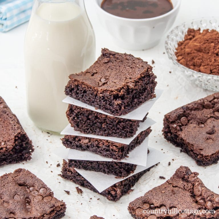 Chewy, fudgy, gooey gluten free almond flour brownies melt in your mouth and taste super chocolatey. These quick flourless, low carb, grain free, dairy free, refined sugar free and paleo friendly brownies have a crispy crust and moist inside. This simple healthy homemade brownie recipe without flour is perfect for kids and an easy gluten free dessert for a crowd + party. Made with coconut oil and cocoa powder. Can be made eggless and vegan. #brownies #paleo #glutenfree | countryhillcottage.com