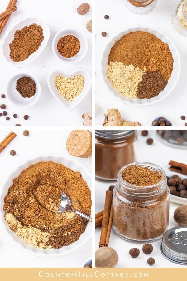 How to make pumpkin pie spice: Evoke the taste of autumn with homemade pumpkin pie spice, an aromatic mix of cinnamon, ginger, nutmeg and allspice. This warm DIY spice blend recipe adds fall flavor to seasonal baking and desserts, from latte to cookies, cakes, syrup, coffee and muffins. Quick and easy, pumpkin spice can be made without allspice too. Vegan, gluten free, grain free, low carb, paleo & keto friendly. #pumpkinspice #pumpkinpiespice #spiceblend #baking #fall | countryhillcottage.com