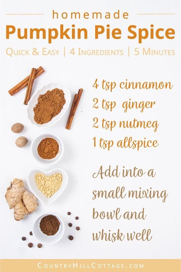 How to make and gift pumpkin pie spice: Evoke the taste of autumn with homemade pumpkin pie spice. This warm DIY spice blend recipe adds fall flavors to seasonal baking and desserts, from latte to cookies, cakes, syrup, coffee and muffins. Homemade seasoning mixes are an excellent DIY food gift idea for holidays and Christmas. The recipe includes packaging ideas and free printable labels. #pumpkinspice #foodgift #printable #spiceblends #seasoningmix #diy #pumpkinpiespice | countryhillcottage.com