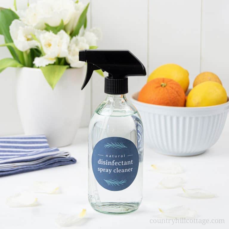 See how to make an easy DIY disinfectant spray with essential oils without harsh chemicals of other household cleaners. This vinegar-free homemade disinfectant spray recipe helps to fight harmful germs in you home. The natural DIY Lysol disinfecting spray is suitable for kitchen, bathroom, surfaces, furniture, bed, fabric, toys, safe for babies. Can be made with rubbing alcohol, vodka and peroxide. Includes free printable labels for packaging. #cleaning #essentialoils | countryhillcottage.com