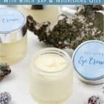 DIY hydrating eye cream for sensitive skin is perfect for the skin around the eyes, antiaging and wrinkles. Learn how to make homemade eye cream with natural materials. The ingredients in this lightweight moisturizing recipe include birch sap, nourishing oils and vitamin E. Has a light brightening effect, reduces puffiness and also a great overnight treatment. Suitable for teens, men, 20s, 40s, 50s. Comes with free printable labels for packaging. #eyecream #skincare | countryhillcottage.com