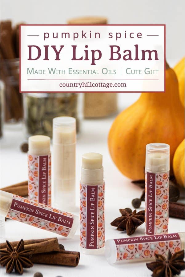 Learn how to make an easy natural DIY pumpkin spice lip balm. The moisturizing and healing lip balm recipe is made with hydrating shea butter, organic beeswax, cocoa and mango butter. The homemade Chapstick is made in the microwave with plumping cinnamon and flavored with essential oils. The step-by-step tutorial includes labels for packaging the containers or tubes. Great for kids, winter and a lovely gift for Christmas. #lipbalm #essentialoils #pumpkinspice #fall | countryhillcottage.com