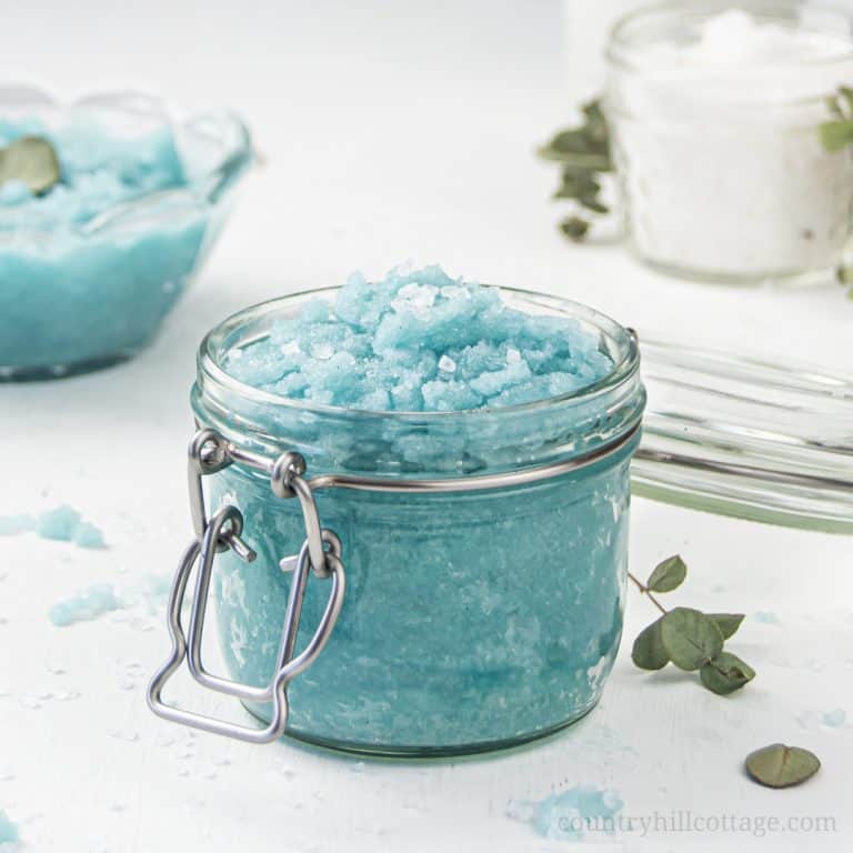 How to make easy homemade sea salt scrub for glowing skin, hands, body, foot! The best natural exfoliating DIY salt scrub recipe is made with organic moisturizing coconut oil and lemon lime essential oils has many skin care benefits and can be made with Epsom, pink Himalayan or dead sea salt. With tips for vs sugar scrub, how to store and use body scrub, packaging ideas and printable labels. Make your own Lush Ocean Salts beauty products at home. #bodyscrub #saltscrub | countryhillcottage.com