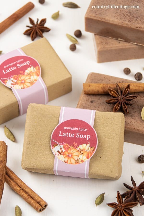 See how to make a moisturizing DIY pumpkin spice soap! This easy homemade soap recipe is a melt and pour soap with essential oils and vitamin E. The natural soap can be made with a goat’s milk or a shea butter soap base if vegan. This handmade fall soap is scented like pumpkin spice latte, a great handmade gift for autumn and Christmas. The simple tutorial includes free printable for packaging. #soap #meltandpour #essentialoils #pumpkinspice #fallsoap #soaprecipe #fall | countryhillcottage.com