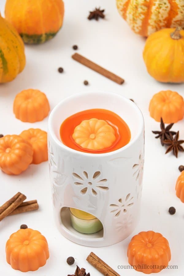 Cute pumpkin spice wax melts. This homemade scented wax melts recipe makes the perfect fall craft idea! See how to make easy pretty DIY fall wax melts with soy wax and essential oils. Unique natural non toxic wax tarts are perfect to fragrance your house naturally and make a lovely handmade gift idea for autumn and the holiday season. With tips for warmer and burner, storage, reuse, how to use, how to clean. #waxmelts #waxtarts #diywaxmelts #essentialoils #homefragrance | countryhillcottage.com
