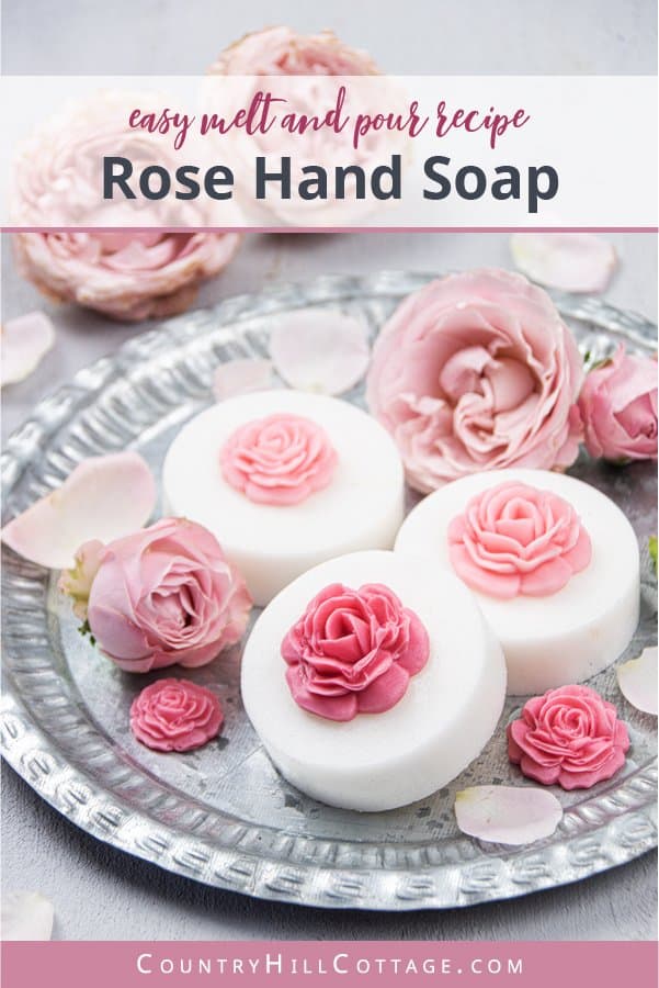 See how to make a easy DIY rose soap recipe! It’s ready within minutes. All of the comfort of a melt and pour soap recipe, without the fuss. Plus, your rose hand soap looks stunning! Handmade soap has many benefits and is a great gift or favors. Scented with essential oil the soap smells like a flower bouquet, the pretty simple design is made with a mold and rose petal decor. Come with printable labels, packaging tips and more home made gift ideas. #soap #meltandpour | countryhillcottage.com