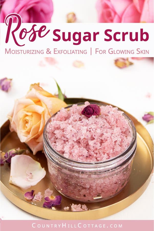 How to make easy DIY rose sugar scrub with dried petals, essential oils and coconut oil! Homemade exfoliating rose body scrub has many skincare benefits. You can create easy variations like green tea, vanilla, lemon or lavender. Beautiful rose scrub also makes a great DIY gift idea. Comes with tips for how to use, packaging ideas, storage, shelf life and free printable labels. Great for legs, foot, hands and lips. #sugarscrub #bodyscrub #rosescrub #essentialoils #gift | countryhillcottage.com