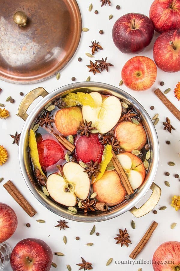Enjoy the sweet smell of apples and warming spices in a fragrant fall stovetop potpourri. In this easy DIY, learn how to make a stovetop potpourri recipe and make your house smell clean and amazing. This homemade air freshener simmer pot is a great way to home fragrance naturally. The materials include fresh fruits, lemon peel, cinnamon and other dried spices. Optionally essential oils, rosemary, orange or vanilla. #potpourri #airfreshener #stovetoppotpourri #simmerpot | countryhillcottage.com
