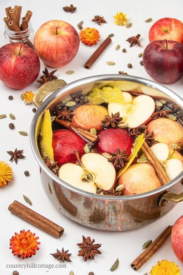 Enjoy the sweet smell of apples and warming spices in a fragrant fall stovetop potpourri. In this easy DIY, learn how to make a stovetop potpourri recipe and make your house smell clean and amazing. This homemade air freshener simmer pot is a great way to home fragrance naturally. The materials include fresh fruits, lemon peel, cinnamon and other dried spices. Optionally essential oils, rosemary, orange or vanilla. #potpourri #airfreshener #stovetoppotpourri #simmerpot | countryhillcottage.com