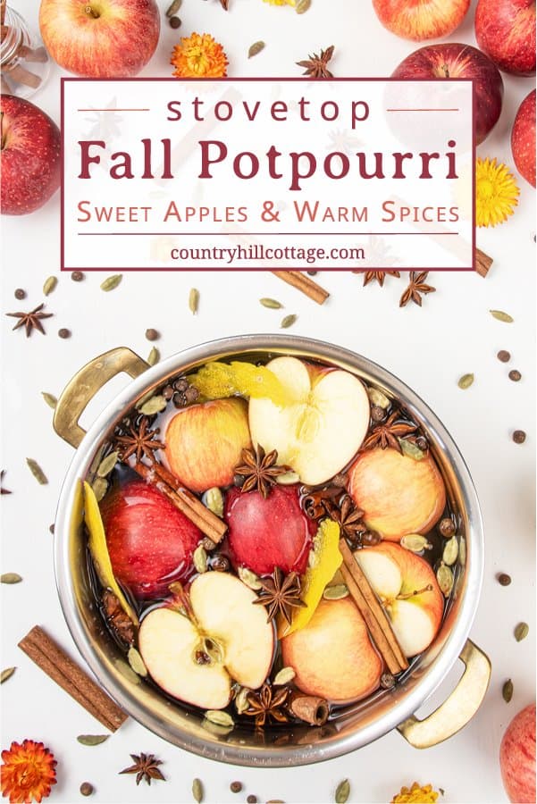 Enjoy the sweet smell of apples and warming spices in a fragrant fall stovetop potpourri. In this easy DIY, learn how to make a stovetop potpourri recipe and make your house smell clean and amazing. This homemade air freshener simmer pot is a great way to home fragrance naturally. The materials include fresh fruits, lemon peel, cinnamon and other dried spices. Optionally essential oils, rosemary, orange or vanilla. #potpourri #airfreshener #stovetoppotpourri #simmerpot | countryhillcottage.com