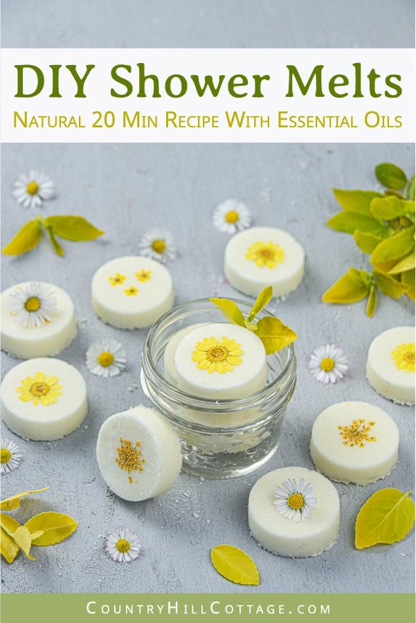 This easy DIY wake up shower melts recipe with essential oils is perfect to start the day right and will have you ready for the day ahead. Relaxing aromatherapy shower melts are like homemade bath bombs but for the shower, perfect for wellness and a spa day at home. The simple homemade bath product tutorial includes tips for how to use, herbal shower steamers without citric acid, packaging. Cute DIY beauty gift. #showerbombs #showersteamer #essentialoils #aromatherapy | countryhillcottage.com