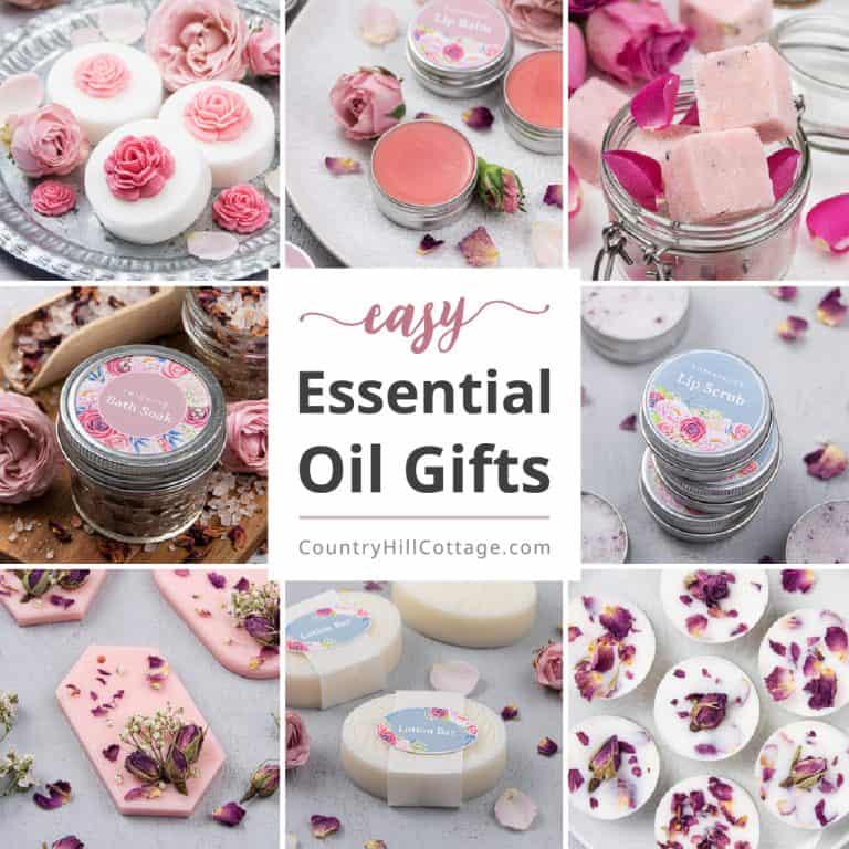 Learn how to make 8 easy essential oil gifts and create a beautiful essential oil gift basket, box or set. Each DIY takes 5 minutes or less for each homemade essential oil recipes! With simple ideas for home made soap, lotion bars, sugar scrub cubes, lip balm, lip scrub, a bath soak, wax melts, air freshener and packaging. Great handmade gifts for friends, teachers, mothers day, kids, Christmas, and holiday. #essentialoils # gift #giftgiving #printablelabels #giftbasket | countryhillcottage.com