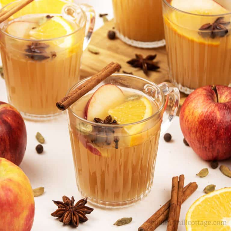Warm up with the best homemade apple cider! Learn how to make mulled apple cider on the stovetop and in the slow cooker/crockpot. This healthy easy apple cider recipe includes useful tips for choosing mulling spices and for making alcoholic spiked mulled apple cider. Quick sugar free DIY spiced cider is the quintessential vegan fall drink and a great autumn beverage recipe for a crowd and Christmas entertaining. #cider #applecider #mulledcider #falldrink #appledrink | countryhillcottage.com