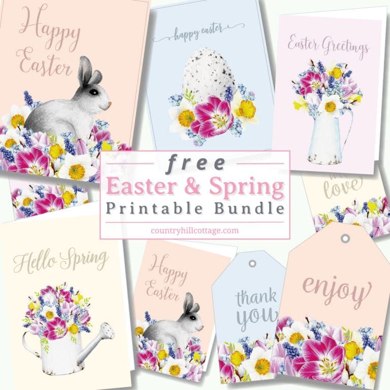 Free Easter printables! The printable spring decorations include happy Easter wall art, quotes and sayings, Easter cards, Easter tags. The design shows vintage inspired aquarelle aesthetic drawings on modern pastel backgrounds. The illustration pictures include flowers, a rabbit/bunny, egg and rustic farmhouse decor. An easy DIY crafts idea for decorating, gifts, baskets, to send greetings, for kindergarten, preschool and school #Easter #printables #homedecor #wallart | countryhillcottage.com