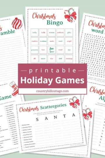 Download a collection of 6 free printable Christmas games for adults and kids! The holiday party games are a fun holiday activity for family get-togethers, Christmas parties, the office and for older students at school. The printable game bundle includes holiday bingo, scattergories, a festive word scramble, word search, a fun movie trivia game, and a holiday alphabet. Movie trivia game. With answers. #printable #freeprintable #holiday #Christmas #games #Christmasgames | countryhillcottage.com