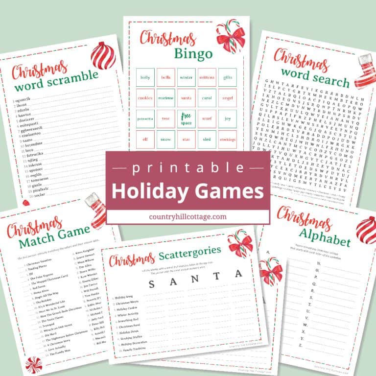 Download a collection of 6 free printable Christmas games for adults and kids! The holiday party games are a fun holiday activity for family get-togethers, Christmas parties, the office and for older students at school. The printable game bundle includes holiday bingo, scattergories, a festive word scramble, word search, a fun movie trivia game, and a holiday alphabet. Movie trivia game. With answers. #printable #freeprintable #holiday #Christmas #games #Christmasgames | countryhillcottage.com