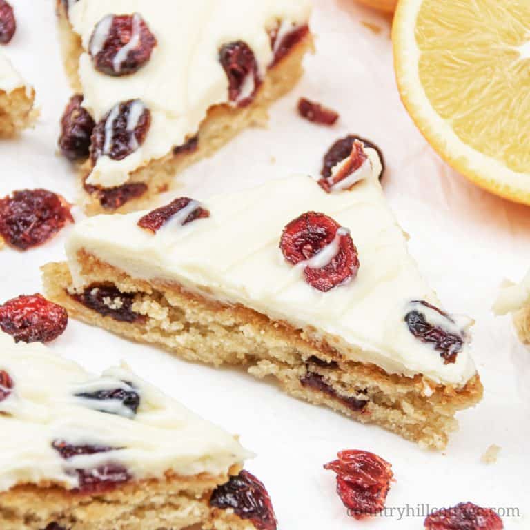 This low carb gluten-free cranberry bliss bars recipe is a delicious and healthy keto holiday treats idea! The easy homemade Starbucks copycat cranberry bars taste just like from the coffeeshop but are dairy-free and thm. The iced cranberry bars are keto, paleo, and clean eating friendly. Plus, iced keto cranberry blondies are a delicious Christmas food gift and holiday dessert. Keto holiday recipes. #cranberryblissbars #lowcarb #glutenfree #keto #paleo #skinnytaste | countryhillcottage.com