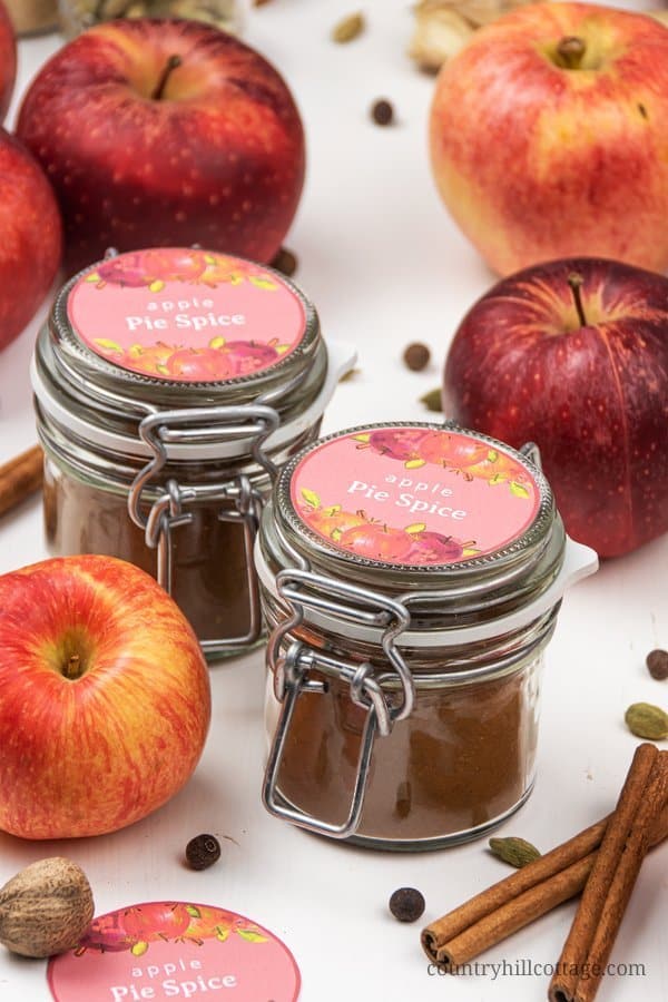 Learn how to make this easy homemade apple pie spice from scratch! The DIY spice mix can be made without cardamom and is very aromatic - perfect to season sweet and savoury apple recipes, like cookies, crescent rolls, dumpcakes, muffin or bread. Handmade seasoning is an excellent DIY food gift idea for holidays and Christmas. The recipe includes packaging ideas and free printable labels. #applepiespice #applepie #foodgift #printable #spiceblends #seasoningmix #diy | countryhillcottage.com