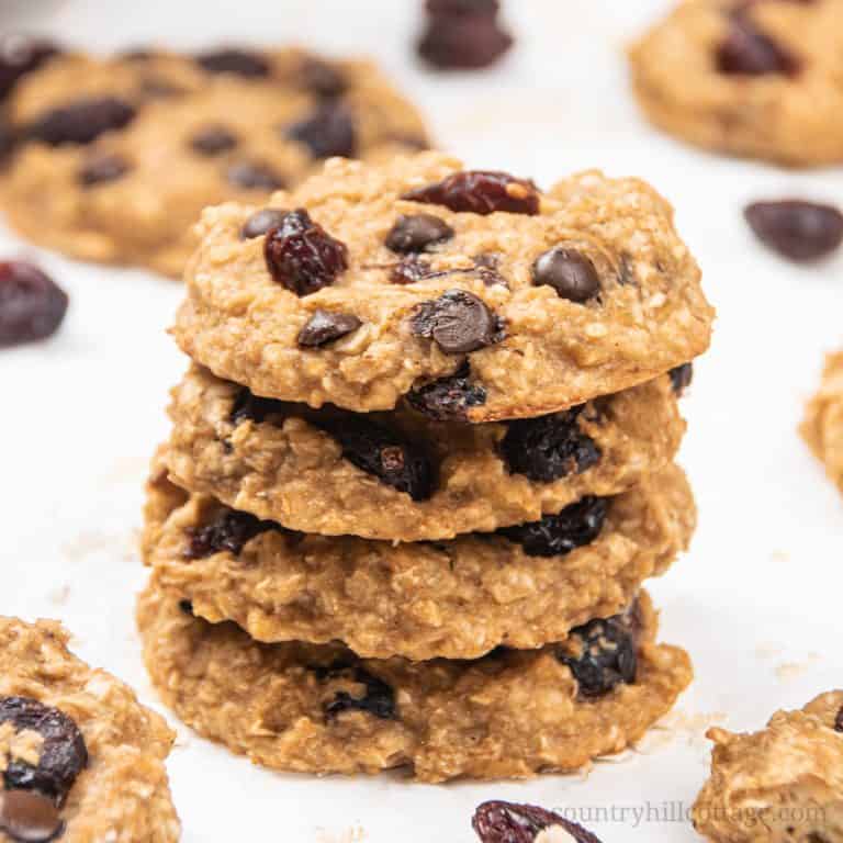 Learn how to make the best healthy banana oatmeal breakfast cookies. This easy tasty gluten free no sugar no flour no nuts breakfast cookie recipe is made with eggs, cranberry, applesauce and cinnamon, great for kids and toddler. Can be made vegan, soft chewy or crunchy, with raisin, dates, chocolate chips, dried blueberry, coconut, or granola. A simple make ahead flourless breakfast idea for clean eating, meal prep and mornings. #breakfast #breakfastcookies #cookie | countryhillcottage.com