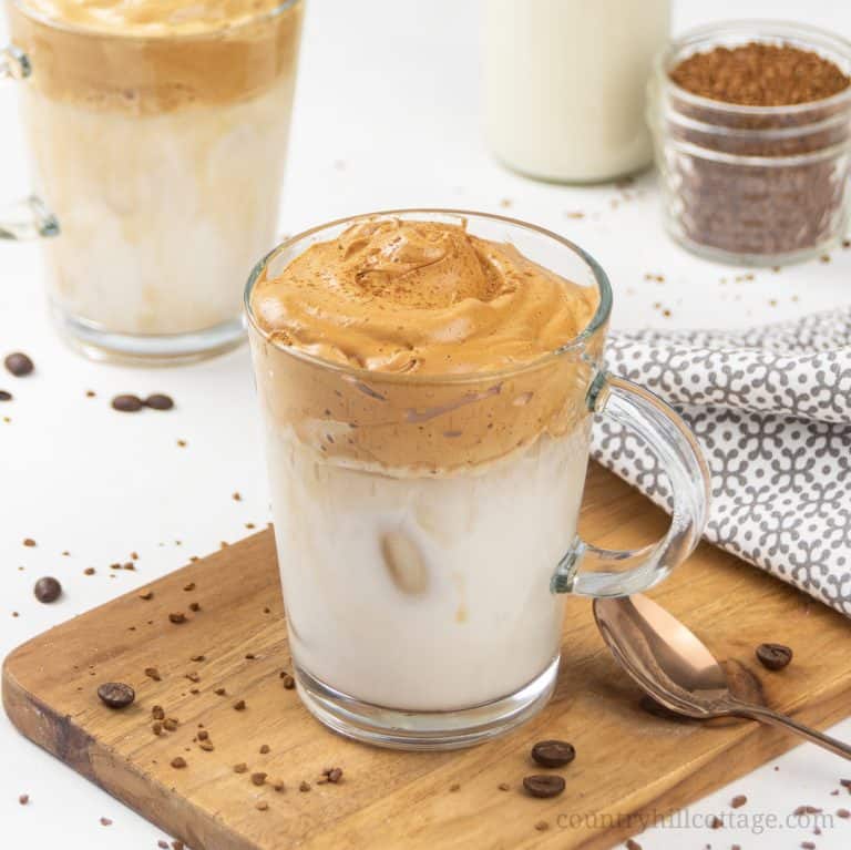 How do you make creamy whipped coffee without sugar? See how to make the best Keto Dalgona coffee or DIY tiktok coffee! Easy healthy low carb 3 ingredient whipped coffee recipe with almond milk. The homemade sugar free frothy coffee drink is dairy free, vegan, no sugar, paleo. No sugar Korean coffee beverage can be served hot or cold, iced. Includes tips for ingredients, espresso and whipped coffee without instant coffee. #whippedcoffee #dalgonacoffee #dalgona #coffee | countryhillcottage.com