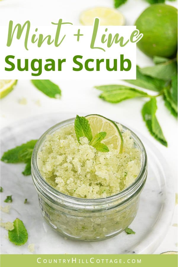 See how to make easy DIY mint sugar scrub with essential oils and coconut oil! Homemade peppermint body scrub has many skincare benefits. You can create easy variations like cucumber, lavender, lemon, vanilla, lime or eucalyptus. Fresh mint scrub also makes a great DIY gift idea. Comes with tips for how to use, packaging ideas, storage, shelf life and free printable labels. Great for legs, foot, hands and lips. #sugarscrub #bodyscrub #mintscrub #essentialoils #diygift | countryhillcottage.com