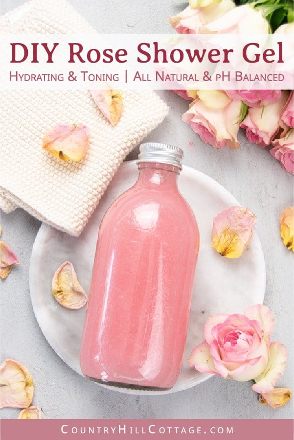 See how to make moisturizing vegan DIY rose body wash recipe without castile soap that lathers an is best smelling! The easy liquid homemade shower gel is a mild cleanser great for eczema, acne, dry and sensitive skin. This pH-balanced rose water body wash foams beautifully, has a rich lather and lush gel texture. The tutorial shows how to make good foaming all natural body wash with organic coconut oil, glycerin and essential oils plus tips for bottles and packaging. | countryhillcottage.com