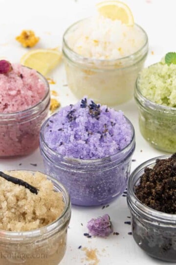 See how to make the best easy DIY body scrub recipe at home with essential oils for glowing skin! Included are 6 simple natural ideas for lavender, rose, lemon, vanilla, lime peppermint/mint and coffee brown body scrub. Exfoliating body scrub made with coconut oil and vitamin E. Comes with tips for how to use, packaging ideas, storage, shelf life and free printable labels. Great for shaving legs, foot, hands and lips. Quick DIY gift idea! #sugarscrub #bodyscrub #gift | countryhillcottage.com