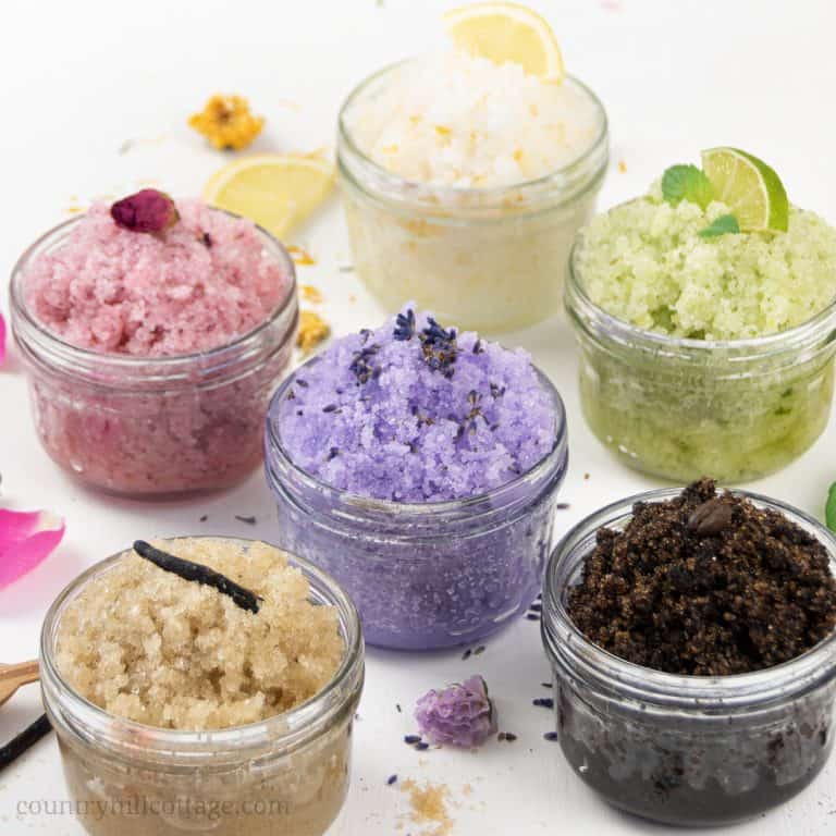 See how to make the best easy DIY body scrub recipe at home with essential oils for glowing skin! Included are 6 simple natural ideas for lavender, rose, lemon, vanilla, lime peppermint/mint and coffee brown body scrub. Exfoliating body scrub made with coconut oil and vitamin E. Comes with tips for how to use, packaging ideas, storage, shelf life and free printable labels. Great for shaving legs, foot, hands and lips. Quick DIY gift idea! #sugarscrub #bodyscrub #gift | countryhillcottage.com