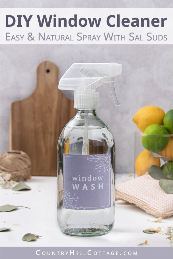 How to make the best streak free DIY window cleaner for outside and inside. The simple window wash cleans windows, glass, mirrors, tiles and car. The easy homemade glass cleaner recipe is made with Sal Suds and vinegar (apple cider), optional ingredients are alcohol (vodka/rubbing alcohol), essential oils and hydrogen peroxide. The natural zero waste green cleaning product is bio-degradable, eco friendly and non toxic. #windowcleaner #nontoxic #greencleaning #cleaning | countryhillcottage.com