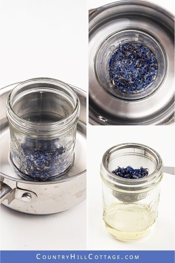 Learn how to make cornflower-infused oil using a hot oil infusion method. The herbal infusion can be used to make DIY beauty and skincare products. Cornflower is rich in minerals and flavonoids, and has astringent and anti-inflammatory properties that are excellent to soothe the skin. Blue cornflower may also be helpful to help with eczema and to strengthen hair and nails. #oilinfusion #cornflower #herbalinfusion #infusedoil #herbinfusion #skincare | countryhillcottage.com