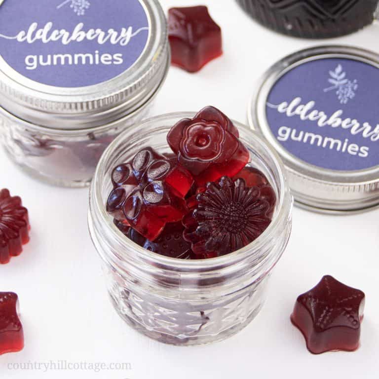 Learn how to make healthy homemade elderberry gummies for kids and toddlers. Made with honey and elderberry syrup, The best DIY fruit snack recipe is loaded with vitamins and antioxidants and has many health benefits for the immune system during the cold and flu season. Making organic elderberry gummy bears is easy and fun. Includes tips for vegan/vegetarian gummies with agar and printable labels for packaging. #fruitsnack #gummies #elderberry #homeremedies #flueseason | countryhillcottage.com