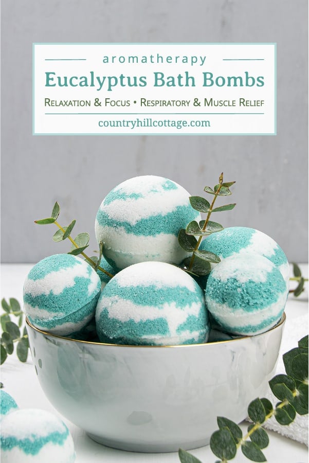 This easy homemade eucalyptus bath bombs recipe looks pretty in water and is very relaxing, perfect for at home wellness! Pretty fizzy essential oil bath bombs without cornstarch are beneficial to relieve respiratory problems, sinus congestion and headaches, and to soothe sore muscles and joints. See how to make simple natural aromatherapy bath bombs with eucalyptus, learn about packaging and storage tips and other essential oil scents ideas like lavender, lemon or peppermint. Great for kids and men. #bathbombs #eucalyptus #aromatherapy #essentialoils | countryhillcottage.com