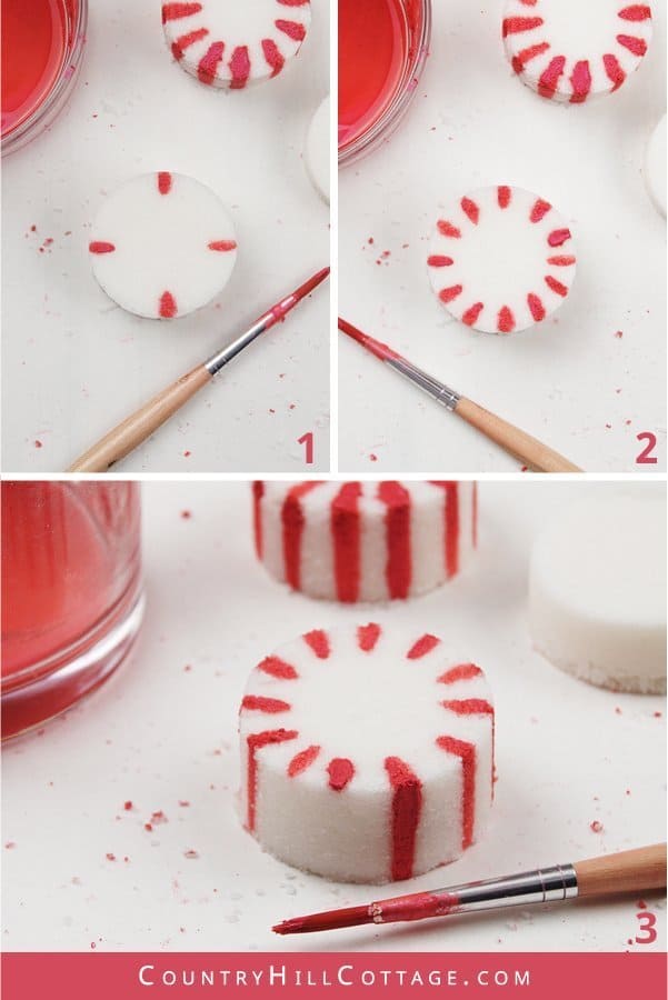 See how to make and decorate homemade candy cane bath bombs with mica paint. This easy Christmas bath bomb recipe looks and smells very festive and is an excellent handmade bath gift idea for the holiday season. Great for kids. With storage tips, packaging ideas and printable gift tags. #peppermint #bathbombs #inwater #essentialoils | countryhillcottage.com
