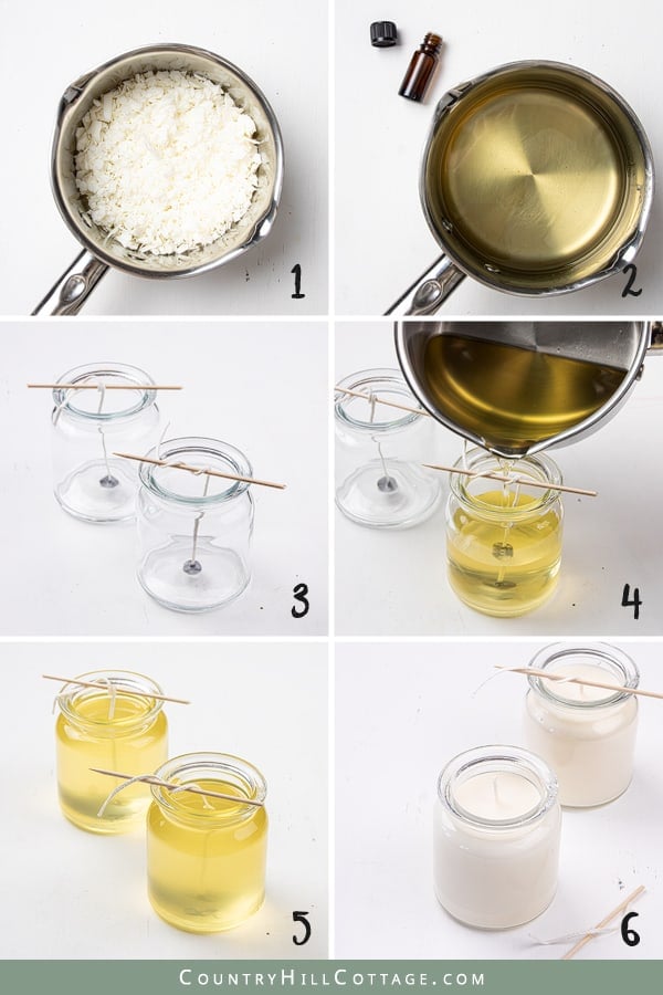How to make the best DIY eucalyptus candles in glass mason jar with soy wax and scented with essential oils! The homemade hand poured eucalyptus candle has a natural fragrance and many benefits, improving air quality and promoting relaxation. This handmade aromatherapy candles recipe is a unique decoration and comes with free printable design labels for gift packaging. Includes tips for containers, wicks and more ideas. #diycandle #soycandle #essentialoil #eucalyptus | countryhillcottage.com