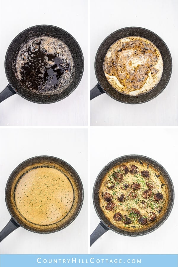 See how to make Swedish meatball sauce from scratch. Light low carb stovetop meatballs in creamy gravy sauce are a quick easy family meal dinner, tastes authentic and traditional. The Ikea copycat homemade Keto meatball recipe is great for a crowd, as appetizer, and the freezer. Can me made with beef, pork, turkey or chicken. What to serve with: zucchini noodles, pasta, cauliflower mash or rice as side dishes. #meatballs #Swedishmeatballs #ketomeatballs #glutenfree | countryhillcottage.com
