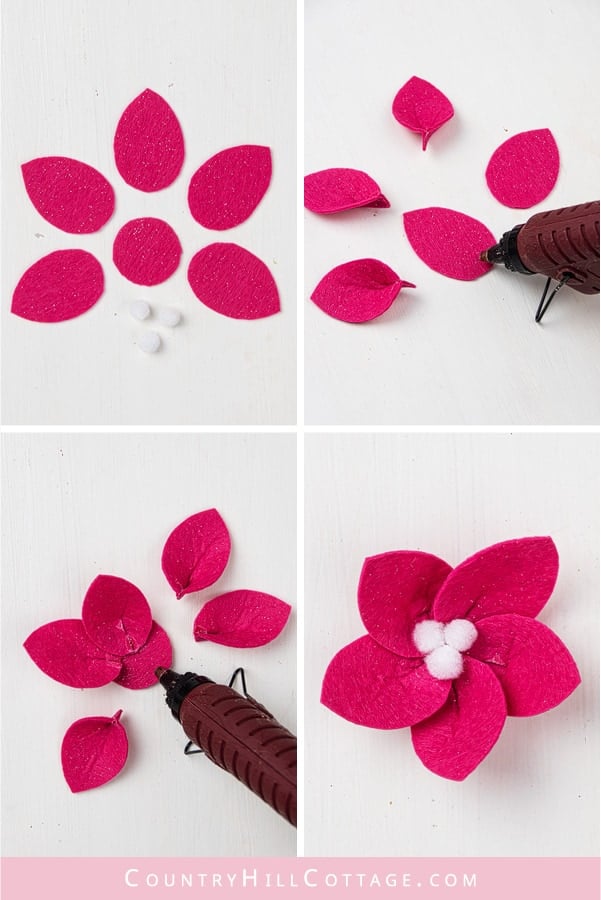 How to make a felt poinsettia – Easy DIY felt flower tutorial for Christmas and the holidays. See how to make a festive DIY Christmas felt wreath! Creating your own homemade Christmas wreath with felt is super easy and fun. This handmade holiday felt craft comes with free printable pattern templates and SVG files for Cricut. Great for decorations, jewelry, craft projects. #felt #feltflowers #feltflowerwreath #poinsettia #feltcraft | countryhillcottage.com