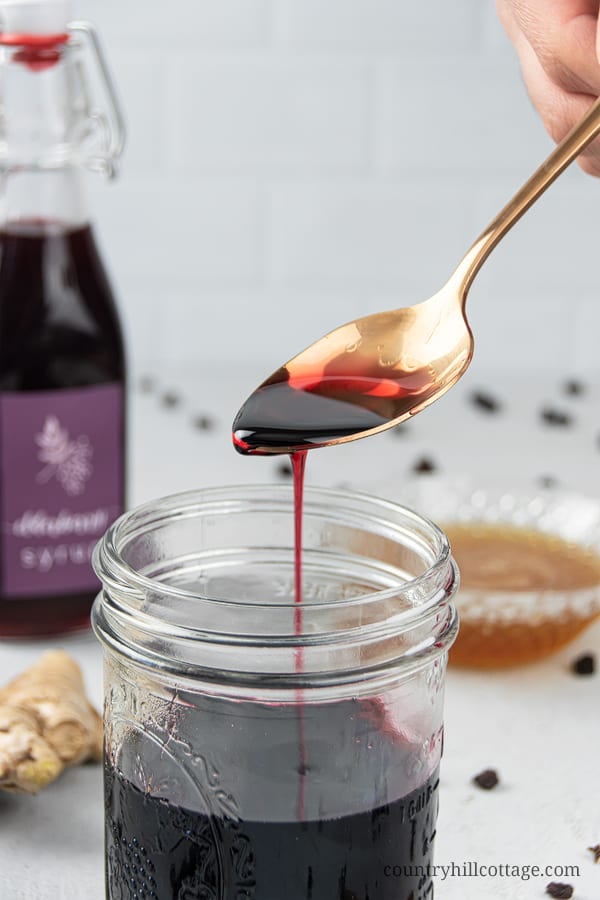 See how to make homemade thick elderberry syrup with dried elderberry. The DIY recipe can be made with turmeric, echinacea, rosehips, apple cider, essential oils, vegan without honey, in the Instant Pot, crockpot, pressure cooker or slow cooker. The syrup is great for colds, babies, kids and toddlers and has health benefits for the immune system. With tips for canning, uses, how to take, dosage chart and printable labels. #elderberries #elderberrysyrup #naturalremedy | countryhillcottage.com